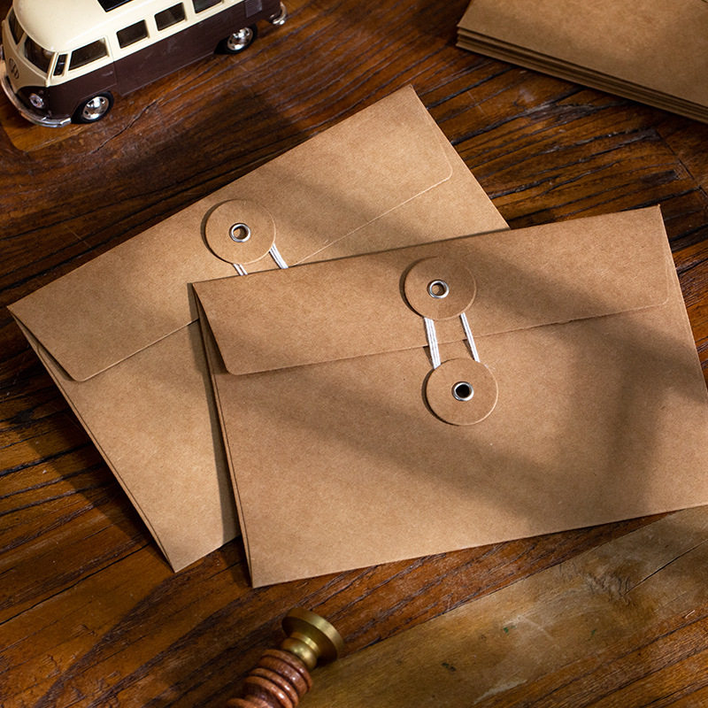 Custom Logo Printed Small Recycled Brown Kraft Paper Envelope with String and Button Closure